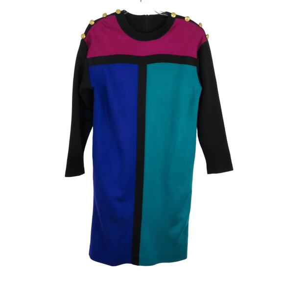 KAYO 1980s Vintage Pink & Blue Color Block Long Sleeve Dress Retro Large - Picture 2 of 4